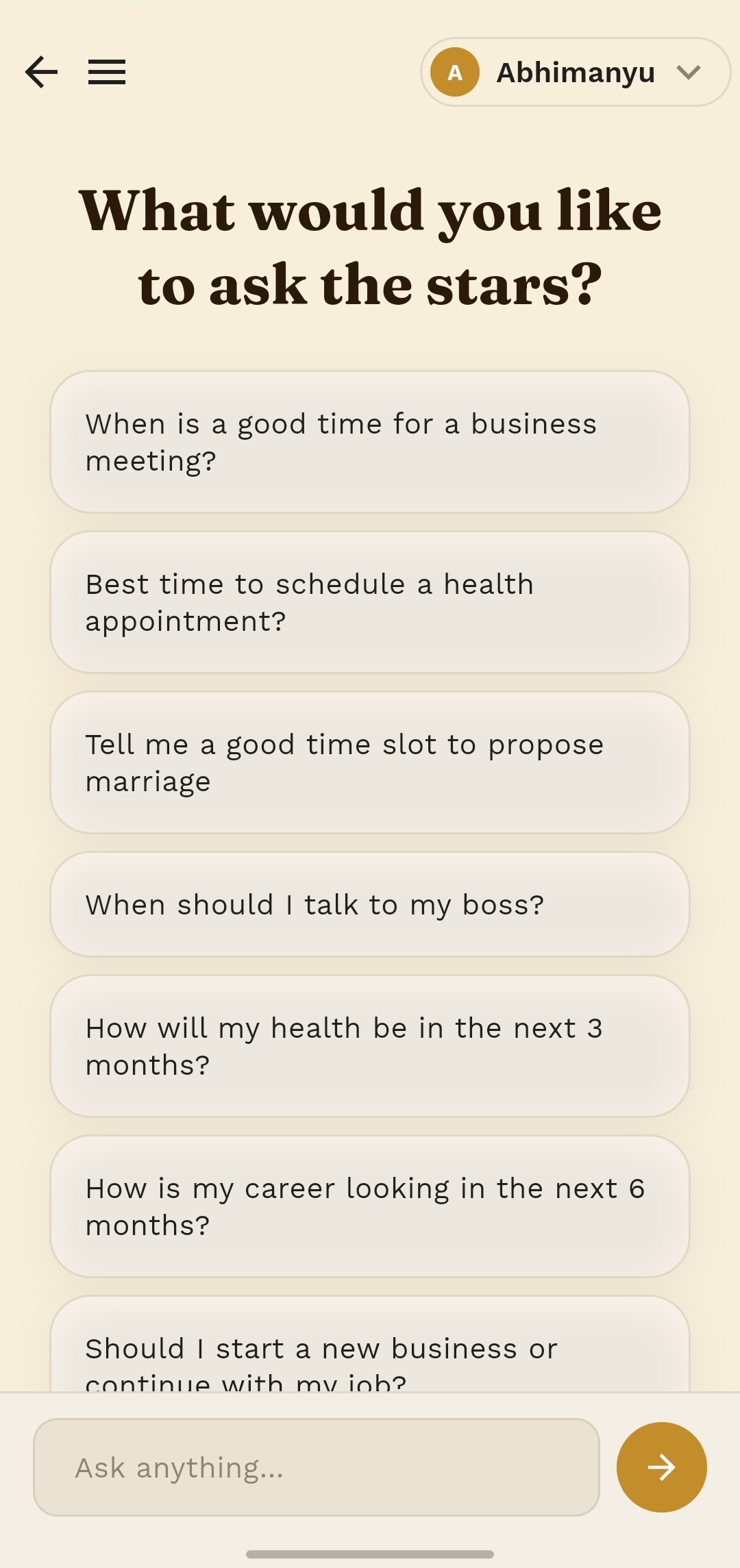The Peak Ask screen, showing the kinds of questions people bring: when to hold a business meeting, when to schedule a health appointment, when to propose.