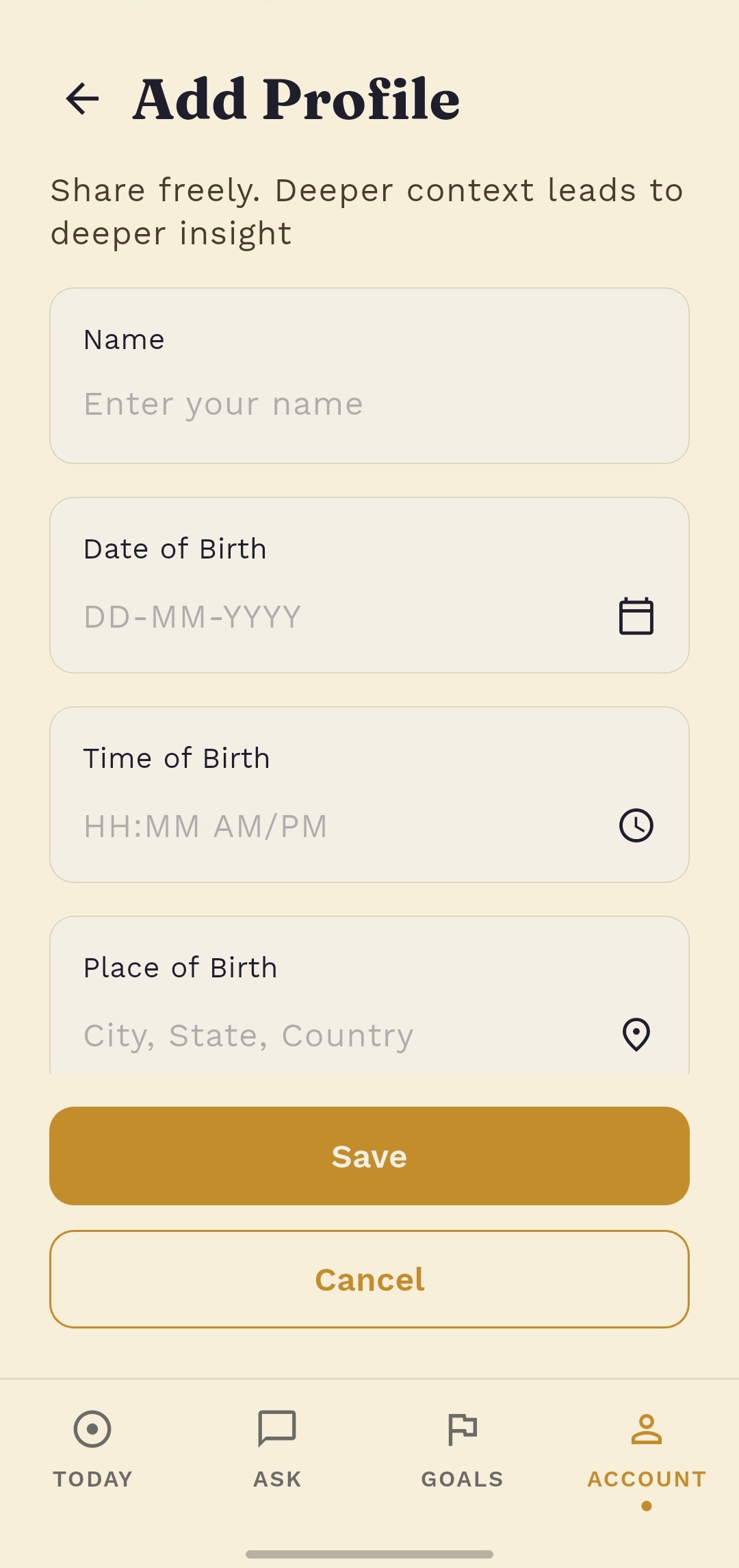 The Add Profile screen: name, date, time and place of birth.