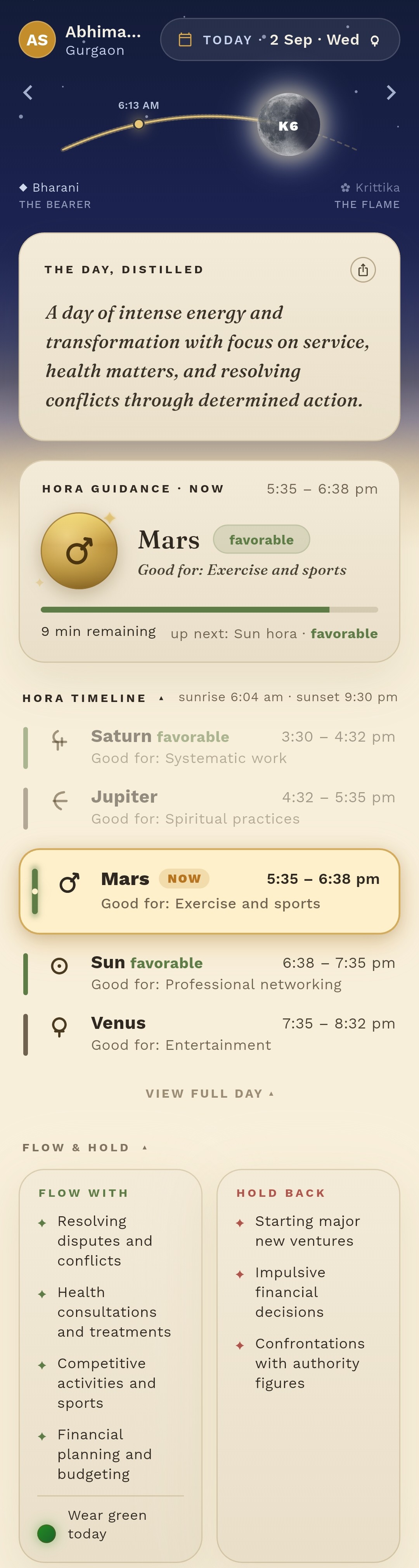 The Peak Today screen: the day distilled, the current Mars hora marked favorable, the hora timeline, and flow-with and hold-back guidance.